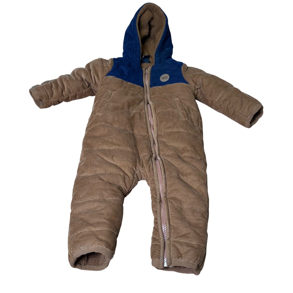 Eddie Bauer Kids Corduroy Sherpa Lined Bunting Suit Tan Navy Blue 6-9M